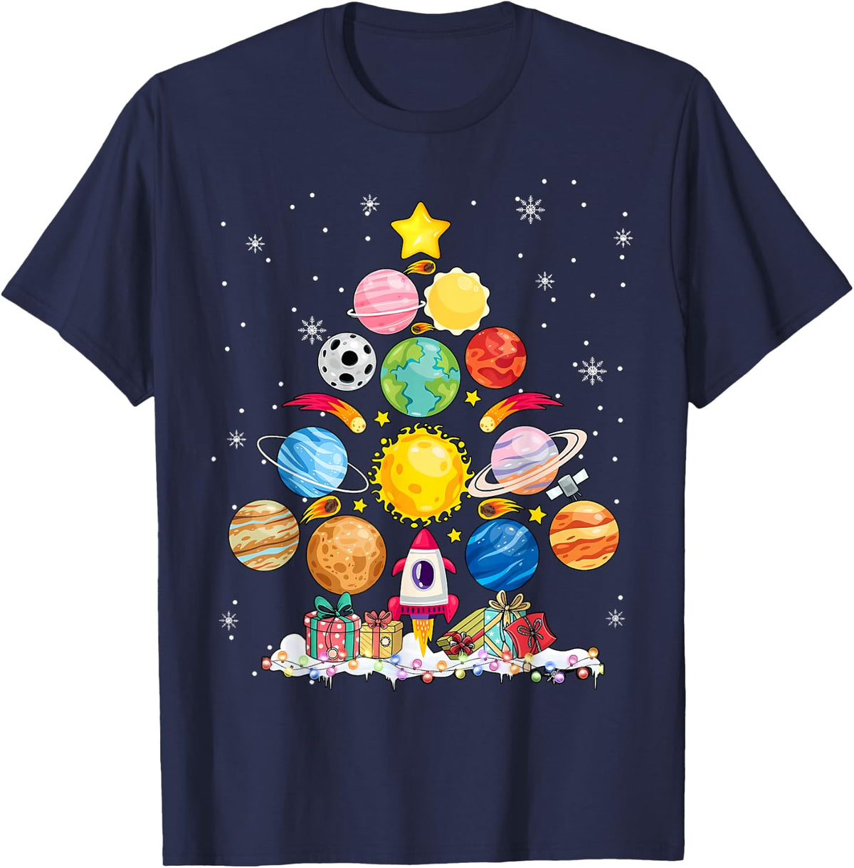 Solar System Christmas Tree Planet Astronomy Science Teacher T-Shirt - Navy Blue