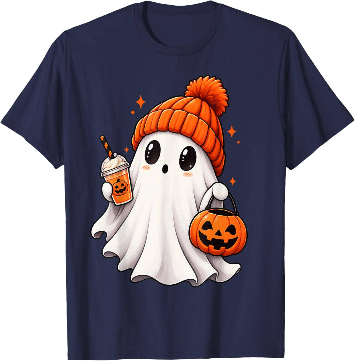 Halloween Ghost Girl Pumpkin Coffee Fall Spooky Season T-Shirt - Navy Blue