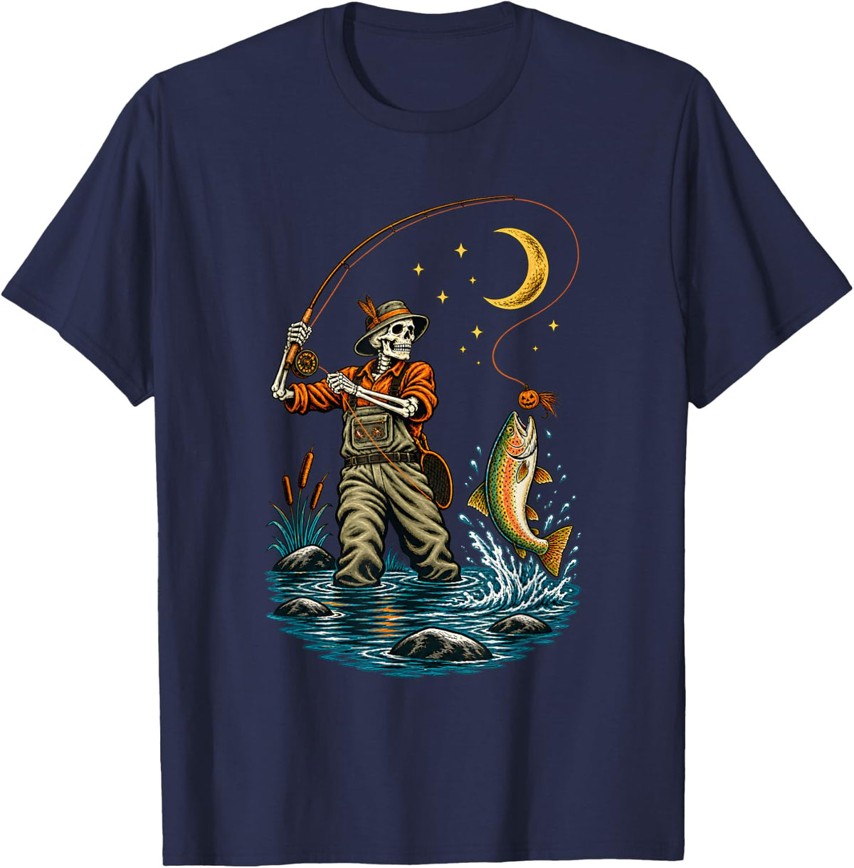 Halloween Fishing Lures Skeleton Angler Trout T-Shirt - Navy Blue
