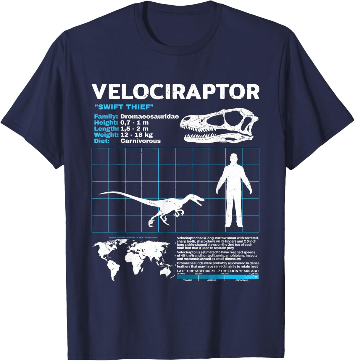 Velociraptor fact sheet Dinosaur Facts T-Shirt - Navy Blue