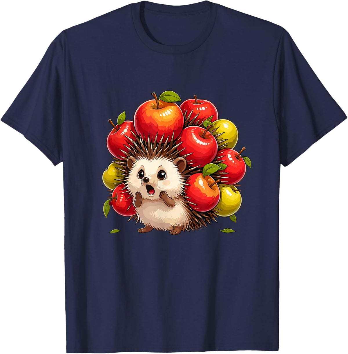 Kawaii Hedgehog with Colorful Autumn Apples T-Shirt - Navy Blue
