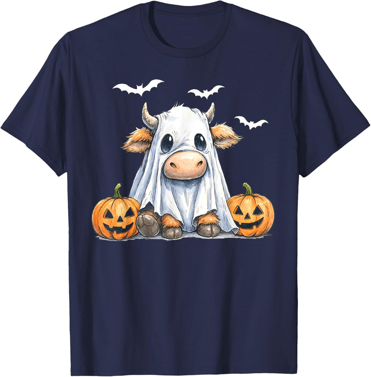 Highland Cow Ghost Funny Halloween Spooky Pumpkin Hello Fall T-Shirt - Navy Blue