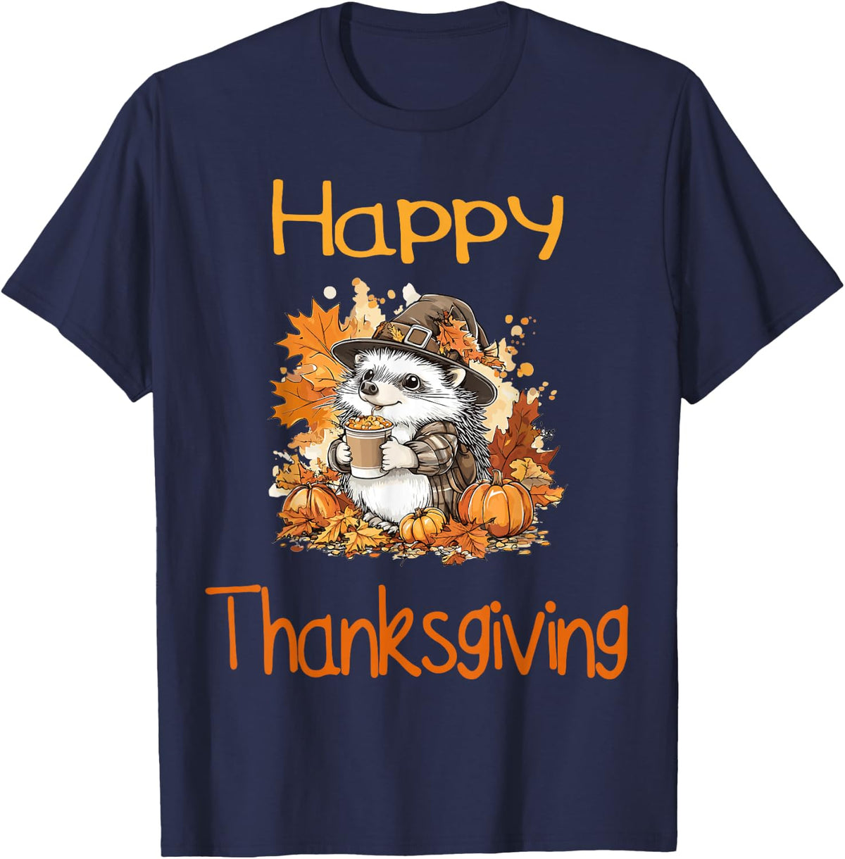 Hedgehog Fall Thanksgiving Happy Thanksgiving T-Shirt - Navy Blue