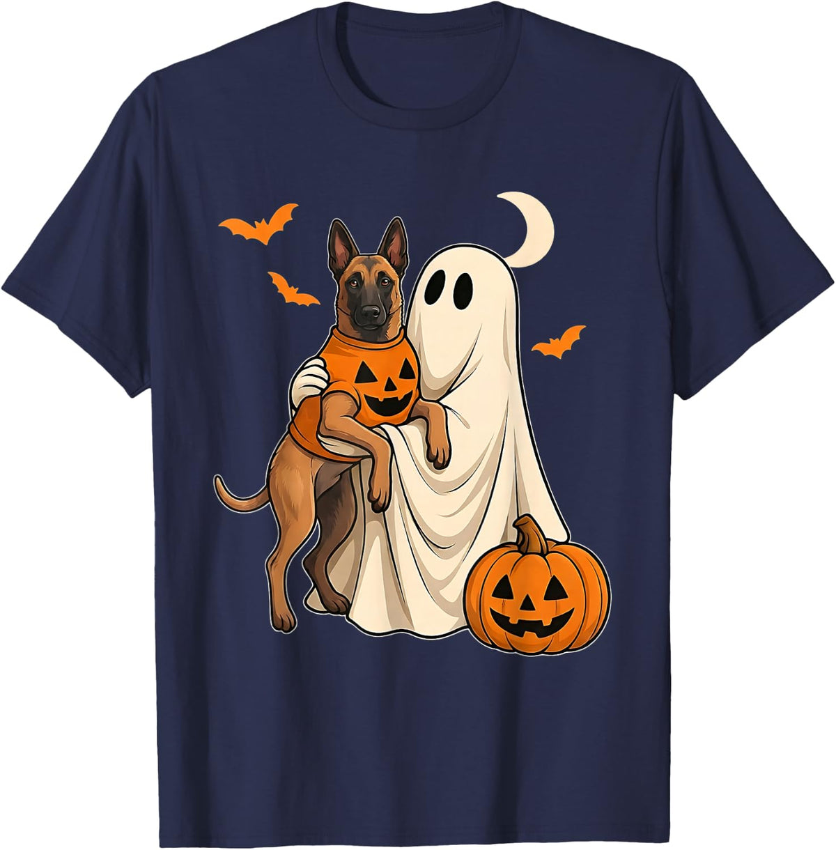Belgian Malinois Halloween Dog Malinois Ghost Pumpkin T-Shirt - Navy Blue