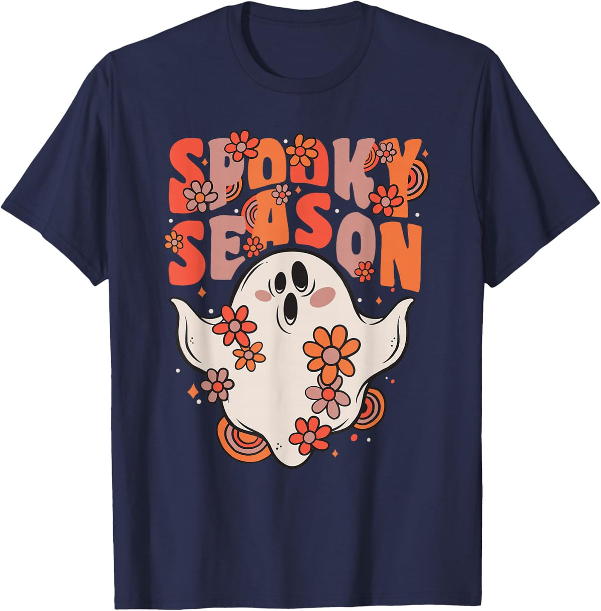 Spooky Season Groovy Ghost With Vintage Flowers Halloween T-Shirt - Navy Blue