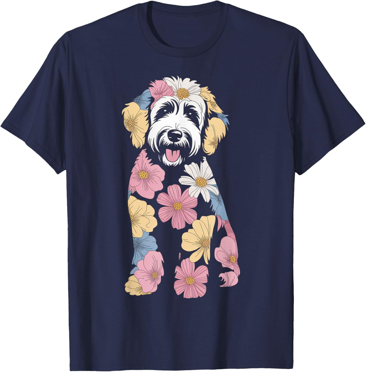 Vintage Floral Women's Cute Goldendoodle Dog Mom T-Shirt - Navy Blue