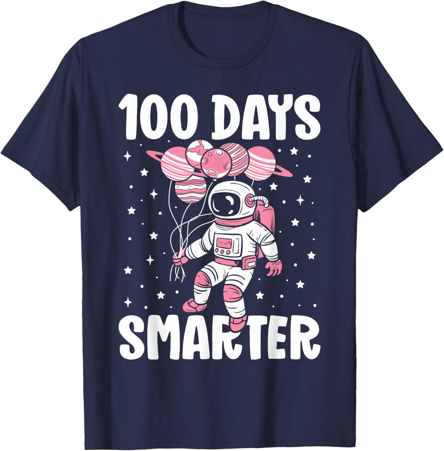 100th Day Of School 100 Days Smarter Astronaut Girls Space T-Shirt - Navy Blue