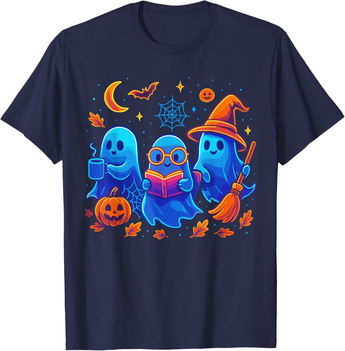 Little Ghost Coffee Tee, Spooky Season Ghost Reading Book T-Shirt - Navy Blue