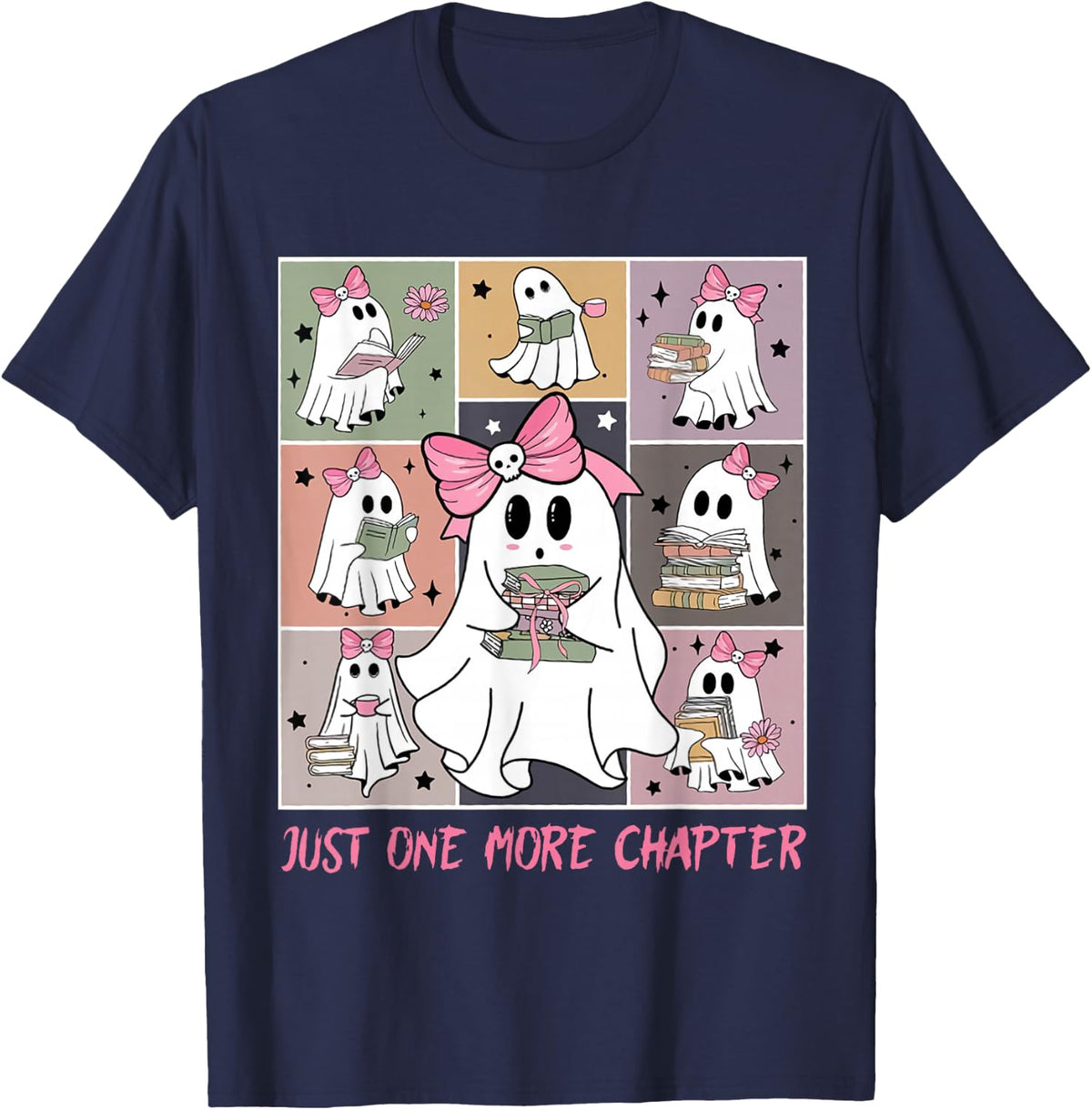 Just One More Chapter Cute Ghost Reading Book Halloween T-Shirt - Navy Blue