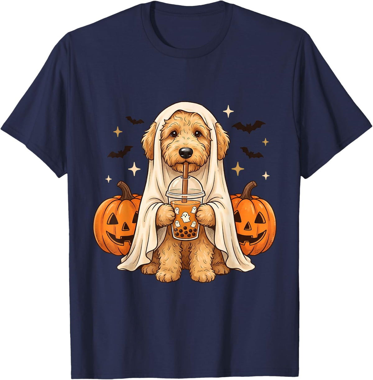 Goldendoodle Ghost and Boba Cute Halloween Dog T-Shirt - Navy Blue