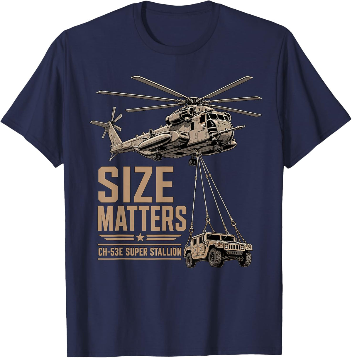 Super Stallion Size Matters Funny Military Helicopter T-Shirt - Navy Blue