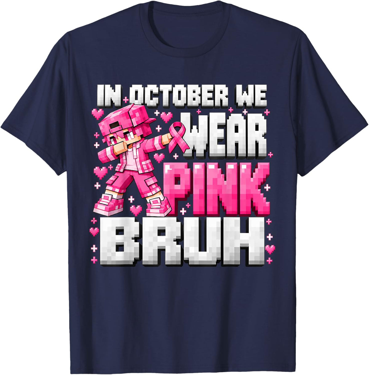 October We Wear Pink Bruh Pixel Breast Cancer Awareness Boys T-Shirt - Navy Blue