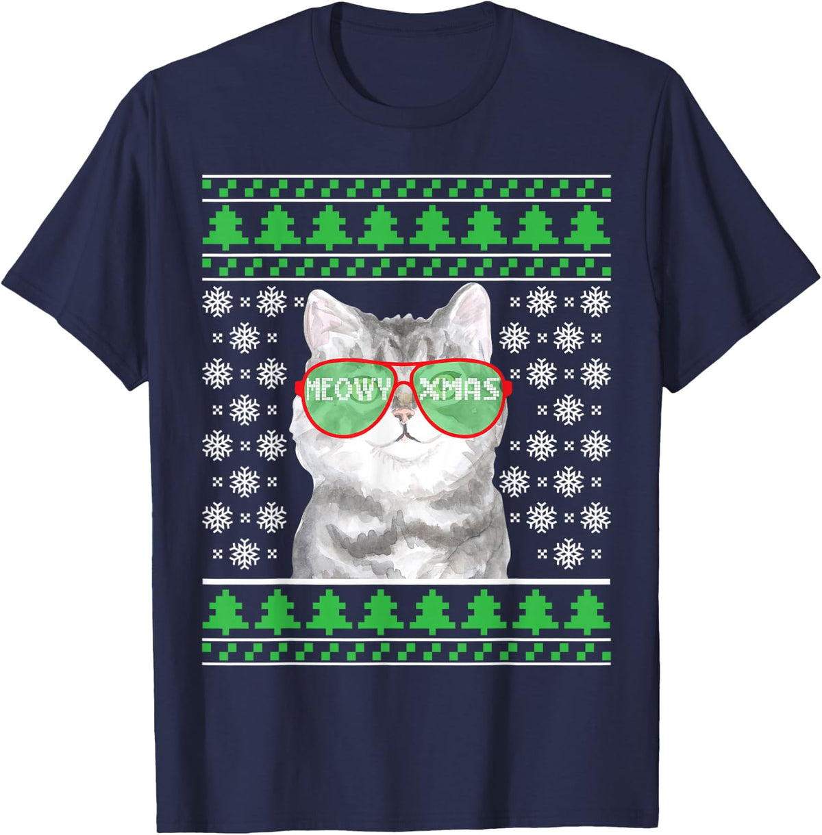Cat with Sunglasses Meowy Ugly Christmas Sweater T-Shirt - Navy Blue