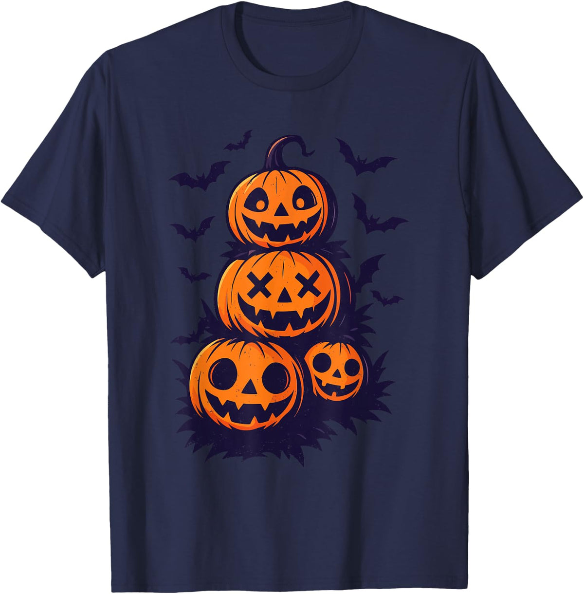 Halloween Pumpkins Jack O Lantern Bats Graphic T-Shirt - Navy Blue