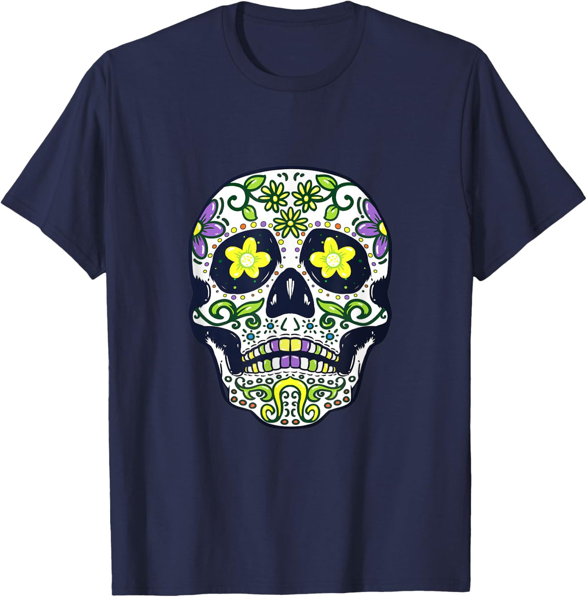 Sugar Skull Day of the Dead Dia De Los Muertos T-Shirt - Navy Blue