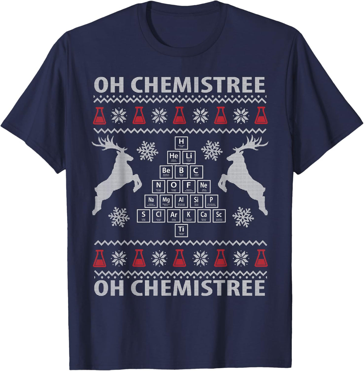 Oh Chemistree Ugly Christmas Sweater Science Student Teacher T-Shirt - Navy Blue