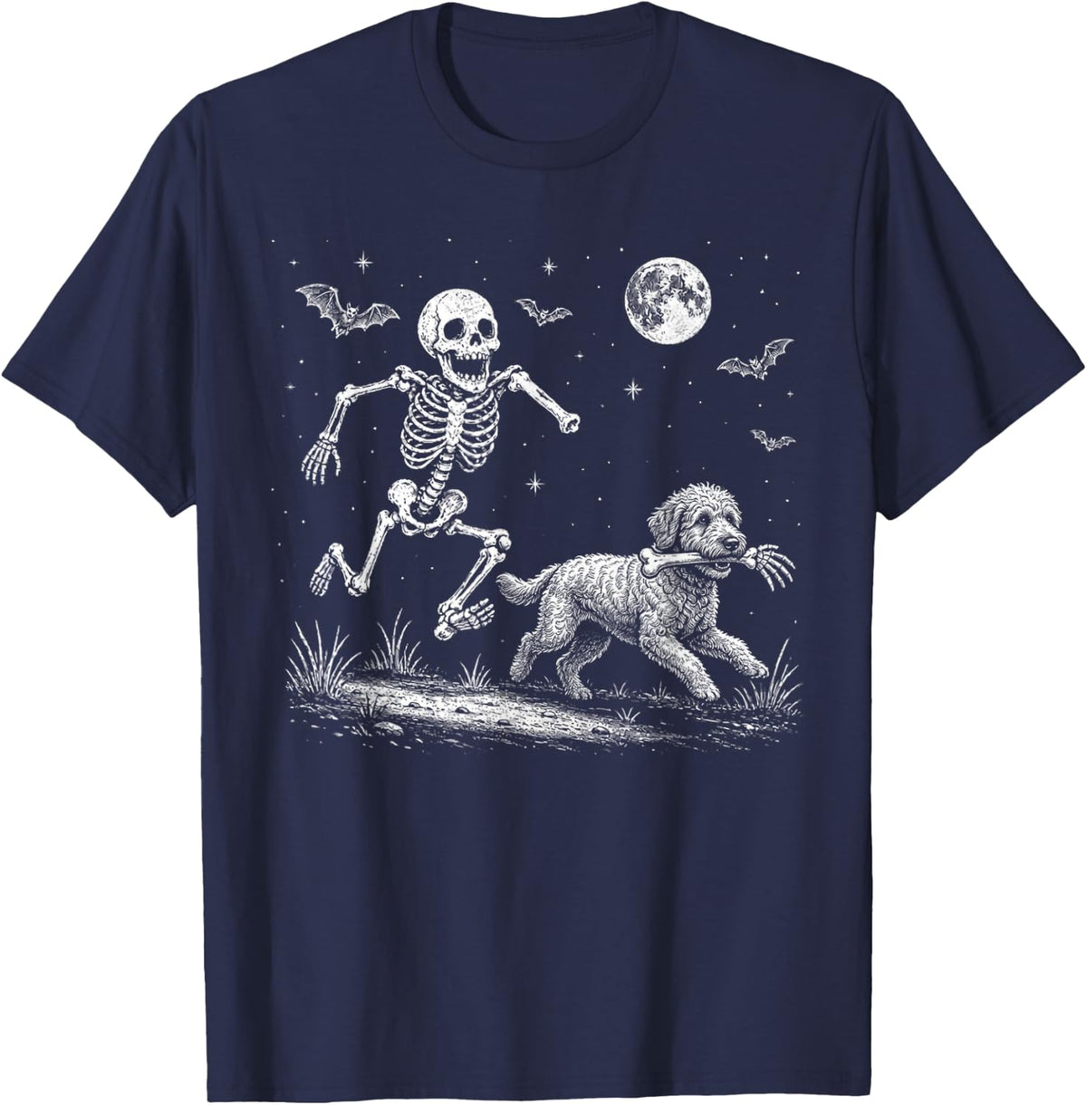 Funny Skeleton Chasing Goldendoodle Halloween Dog Mom Pet T-Shirt - Navy Blue