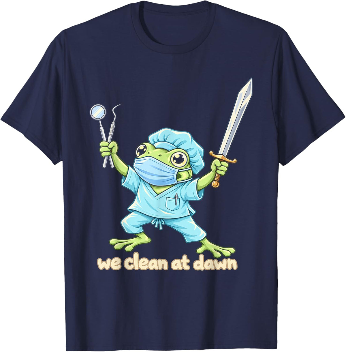 Cute Chibi Dental Frog Warrior We Clean At Dawn T-Shirt - Navy Blue
