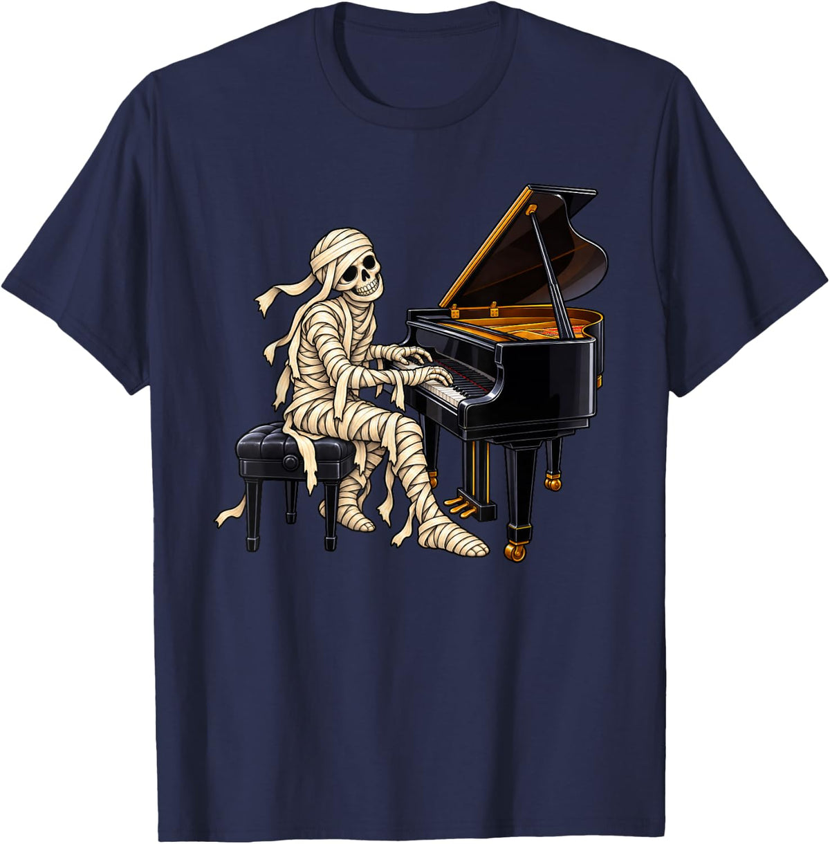Mummy Playing Piano Musician Music Halloween T-Shirt - Navy Blue