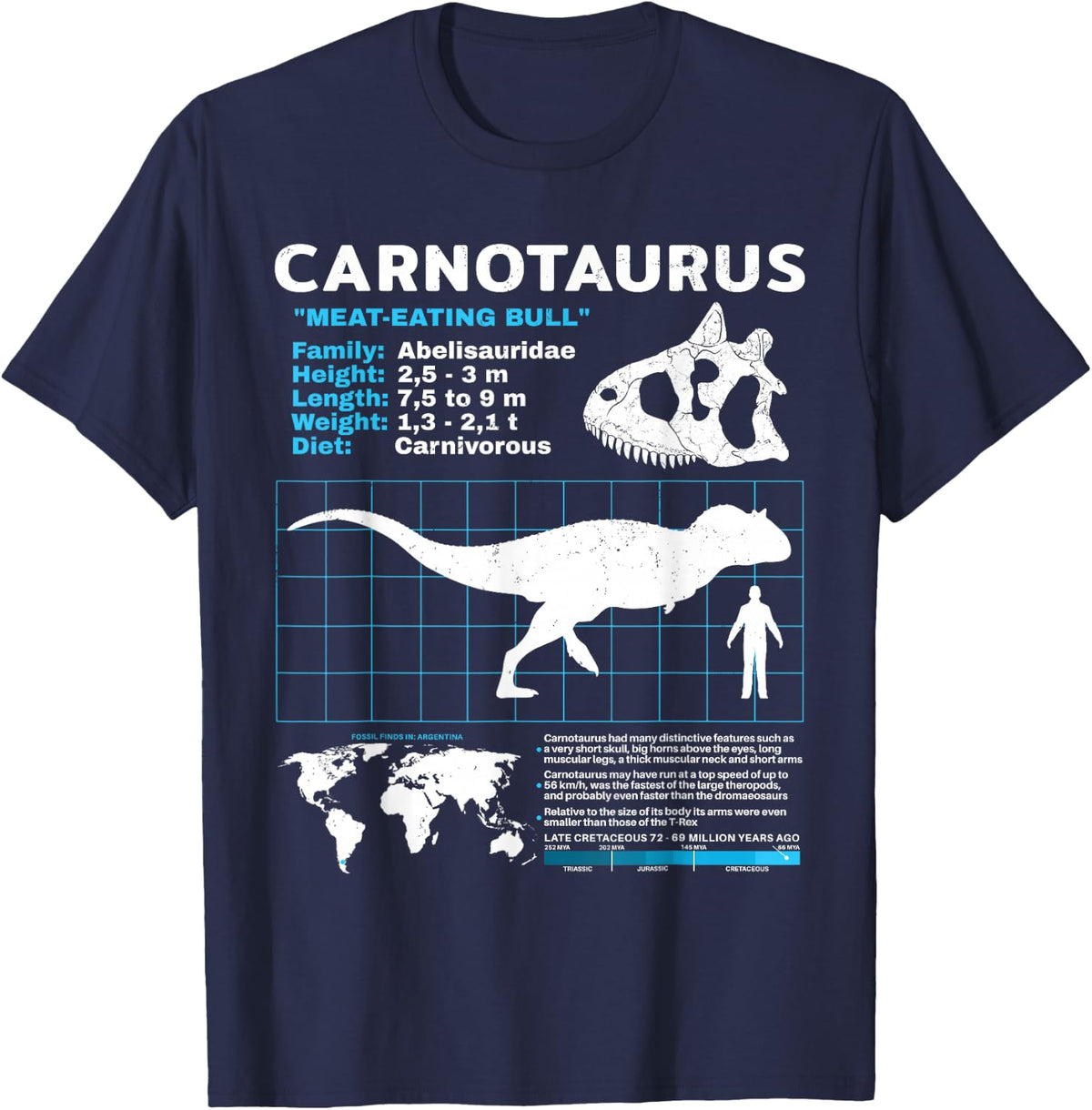 Carnotaurus fact sheet Dinosaur Facts T-Shirt - Navy Blue