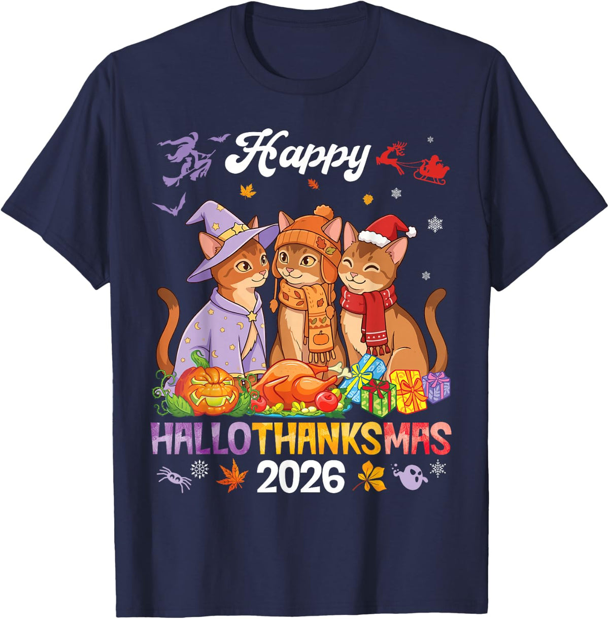 Happy HalloThanksMas 2026 Cute Abyssinian Cats Together T-Shirt - Navy Blue