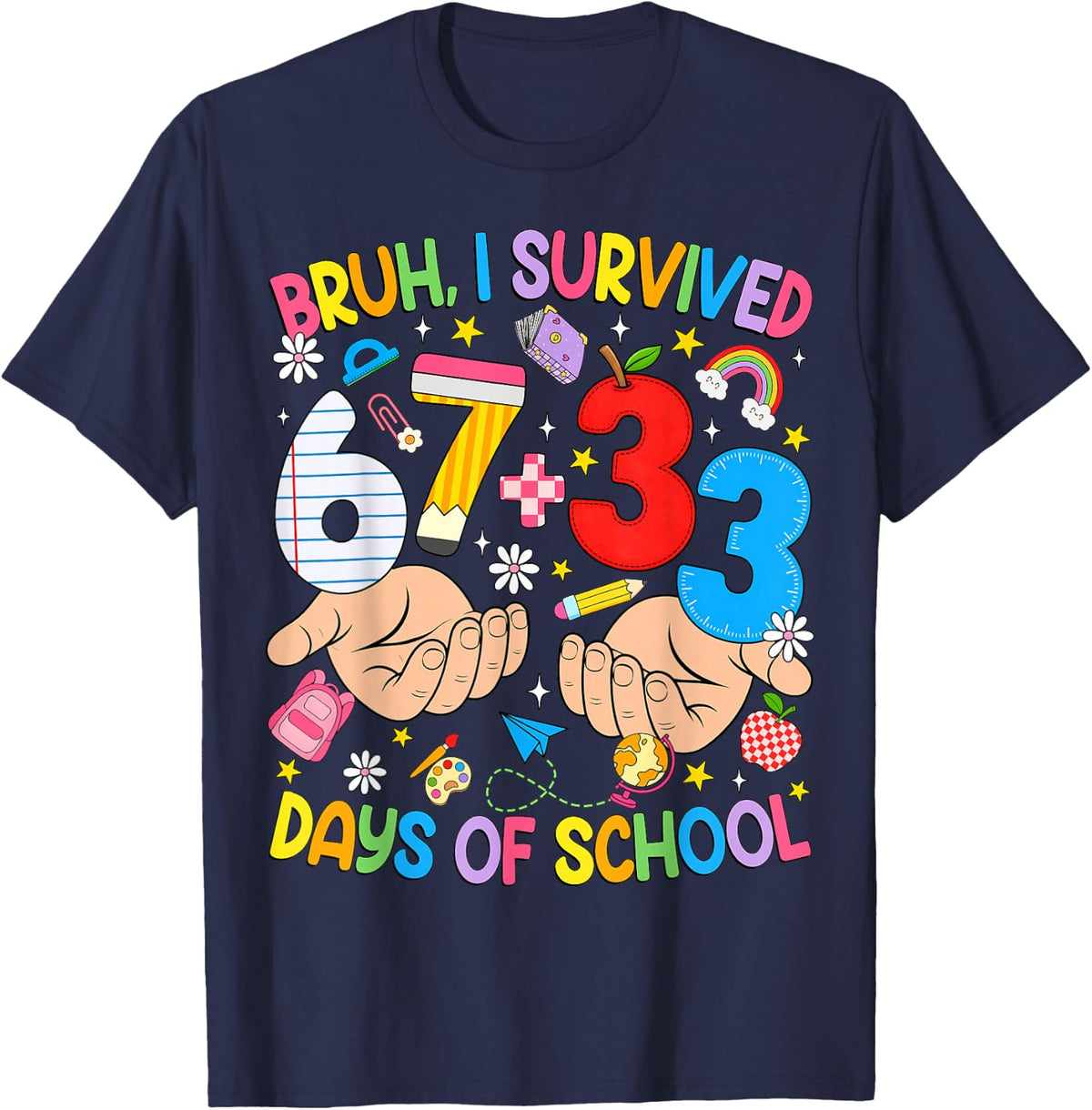Bruh I Survived 67 33 Days of School Six Seven Teachers Kids T-Shirt - Navy Blue
