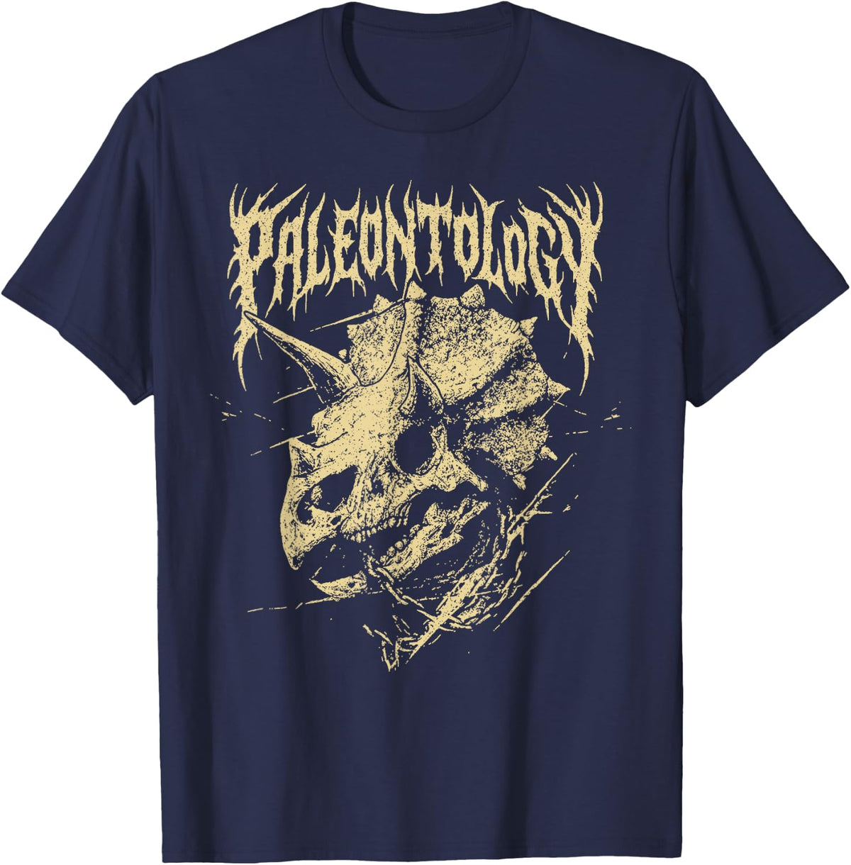 Paleontology Metal Triceratops Skull and Chains Dinosaur Art T-Shirt - Navy Blue