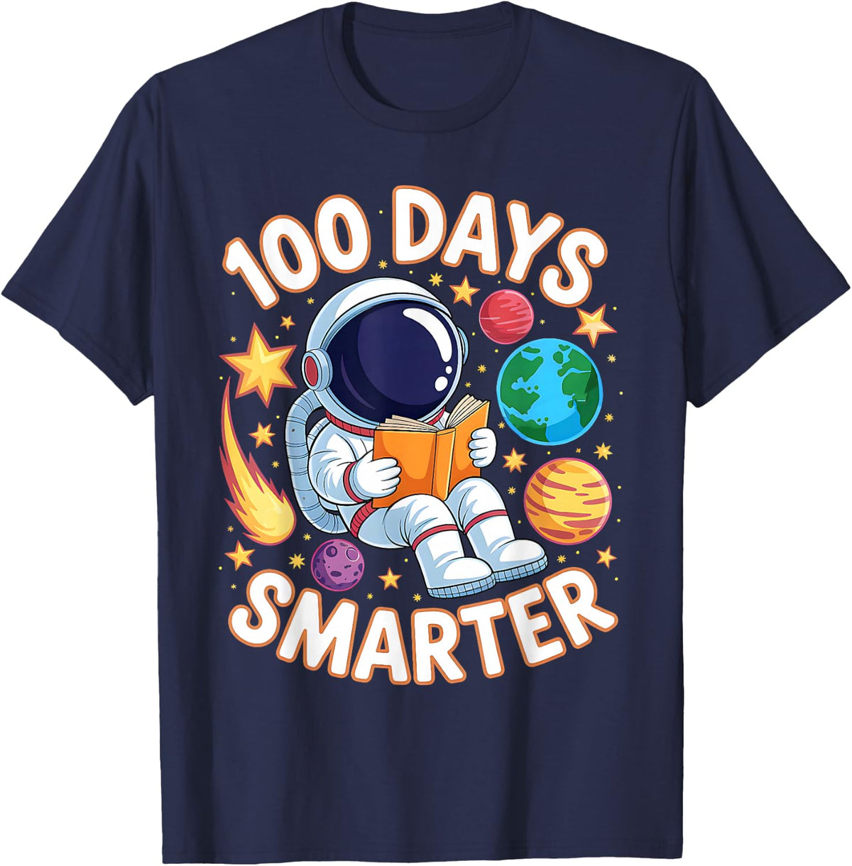 100 Days Smarter Space Astronaut 100th Day School Boys Kids T-Shirt - Navy Blue