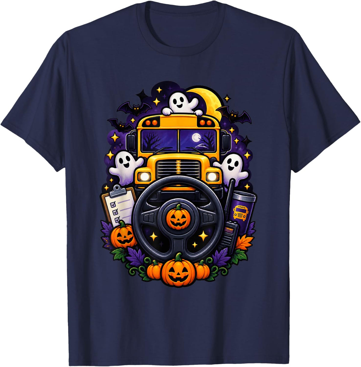 Halloween School Bus Driver Spooky Fall Pumpkins T-Shirt - Navy Blue