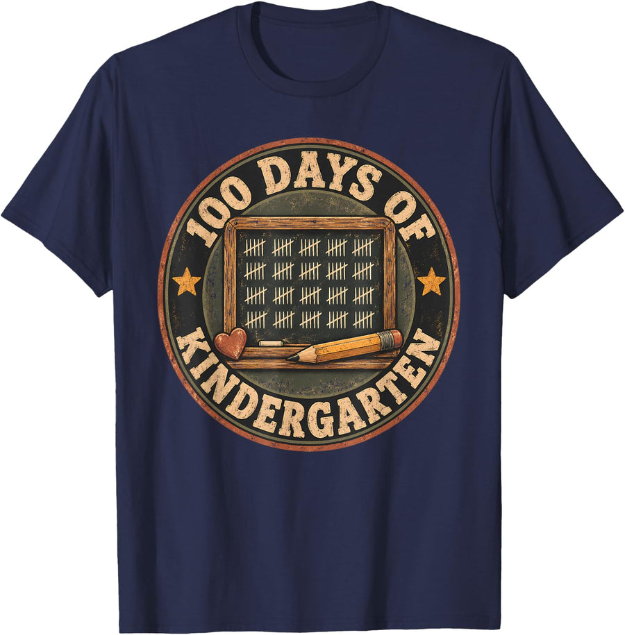 100 Days of Kindergarten Milestone Teacher T-Shirt - Navy Blue
