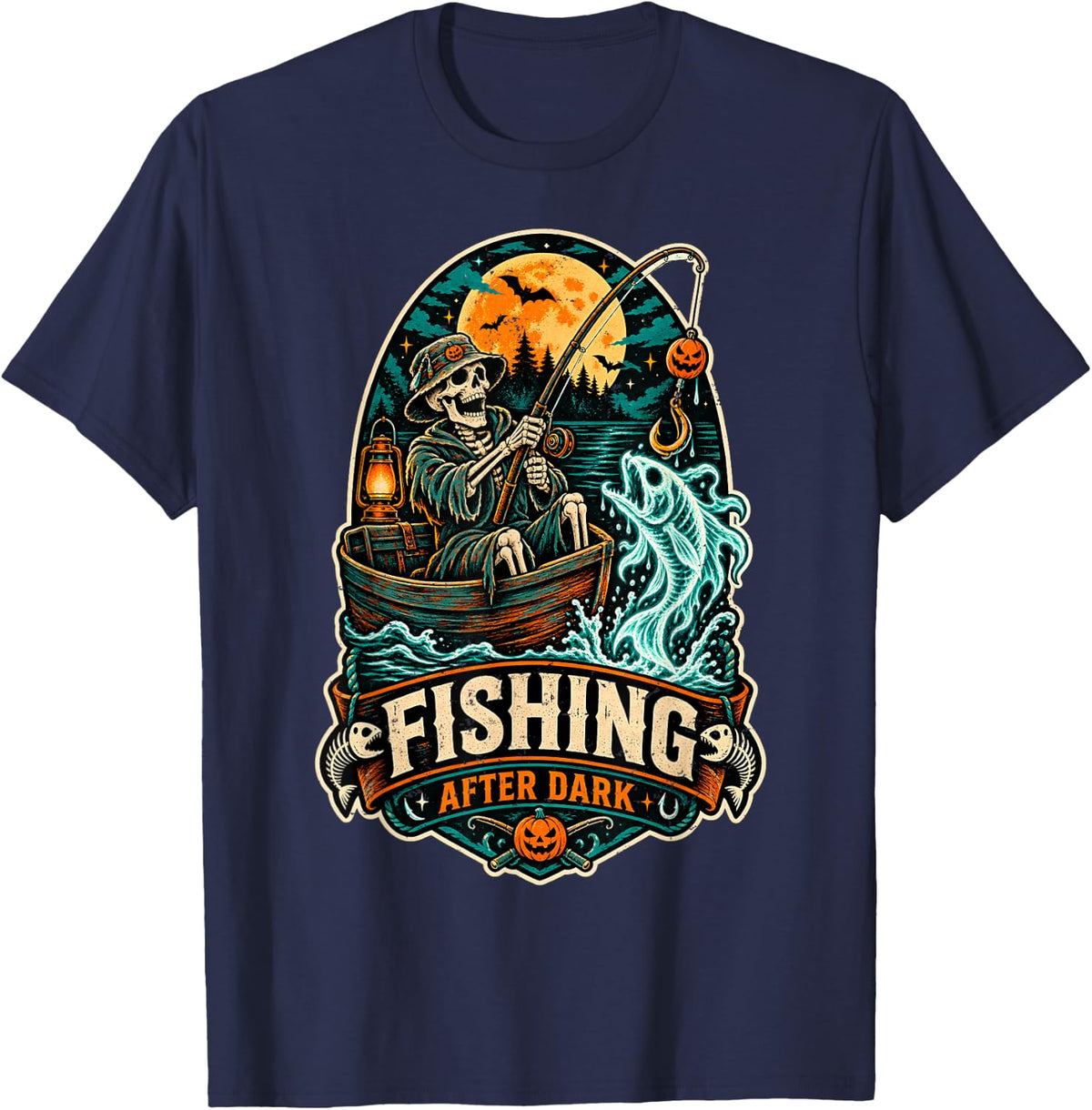 Skeleton Fishing After Dark Halloween Angler T-Shirt - Navy Blue