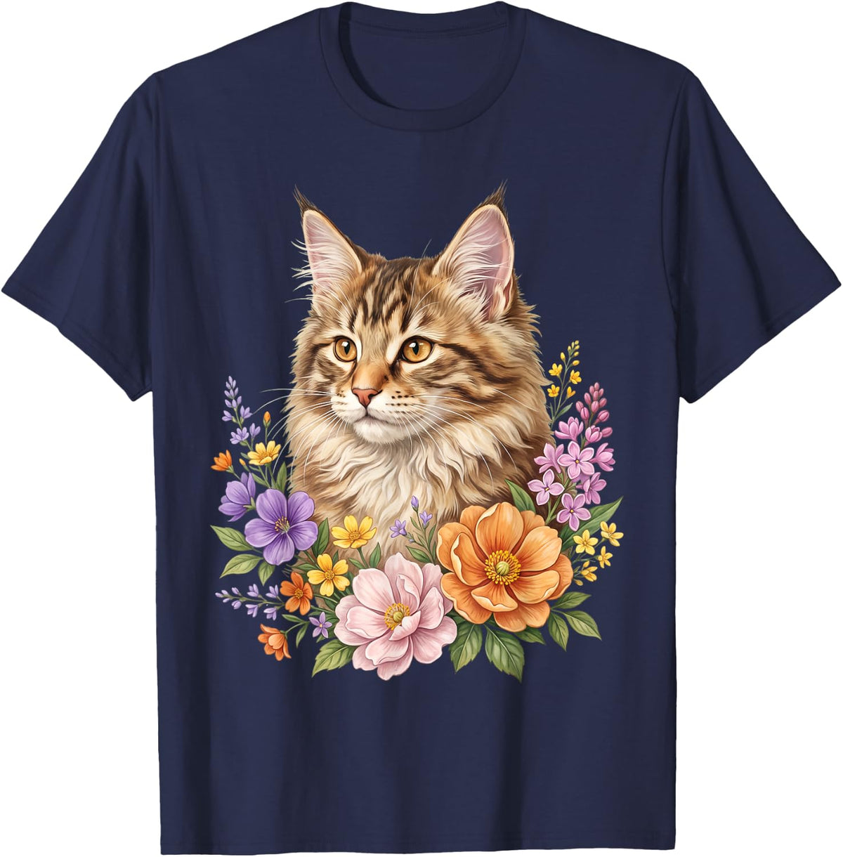 Norwegian Forest Cat Flower Floral Cute Kitten Graphic T-Shirt - Navy Blue