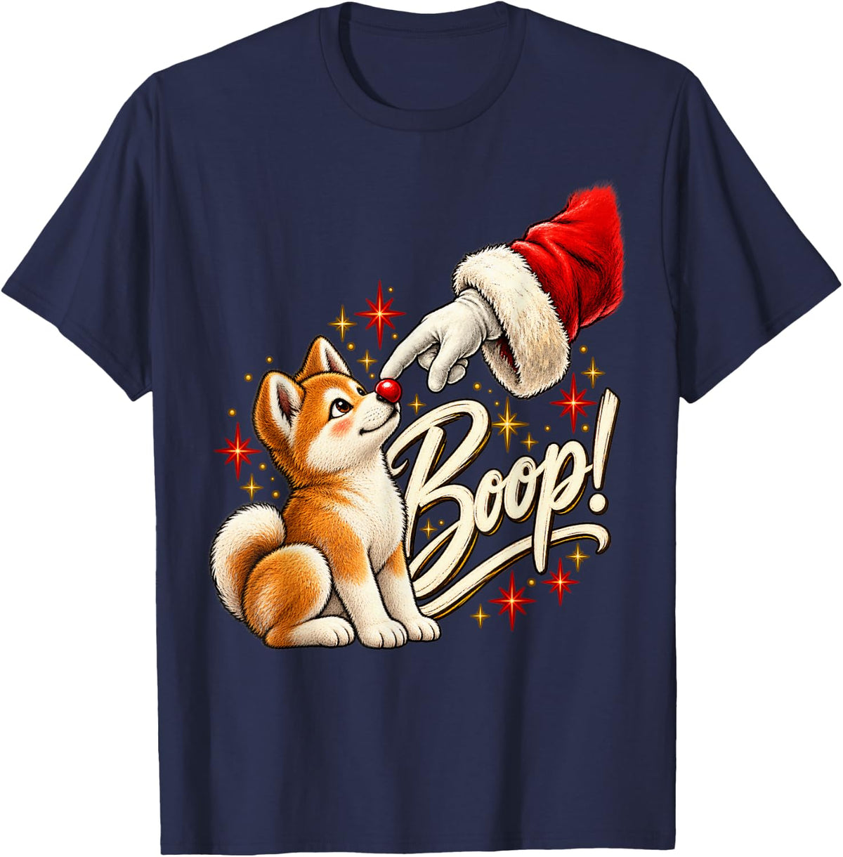 Boop! Akita Happy Santa Christmas Red Nose Men Women T-Shirt - Navy Blue