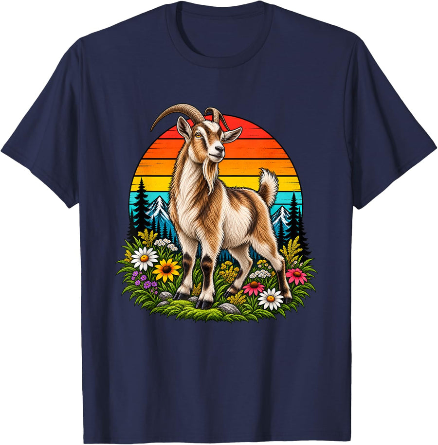 Goat Retro Sunset Farm Animal Farming T-Shirt - Navy Blue