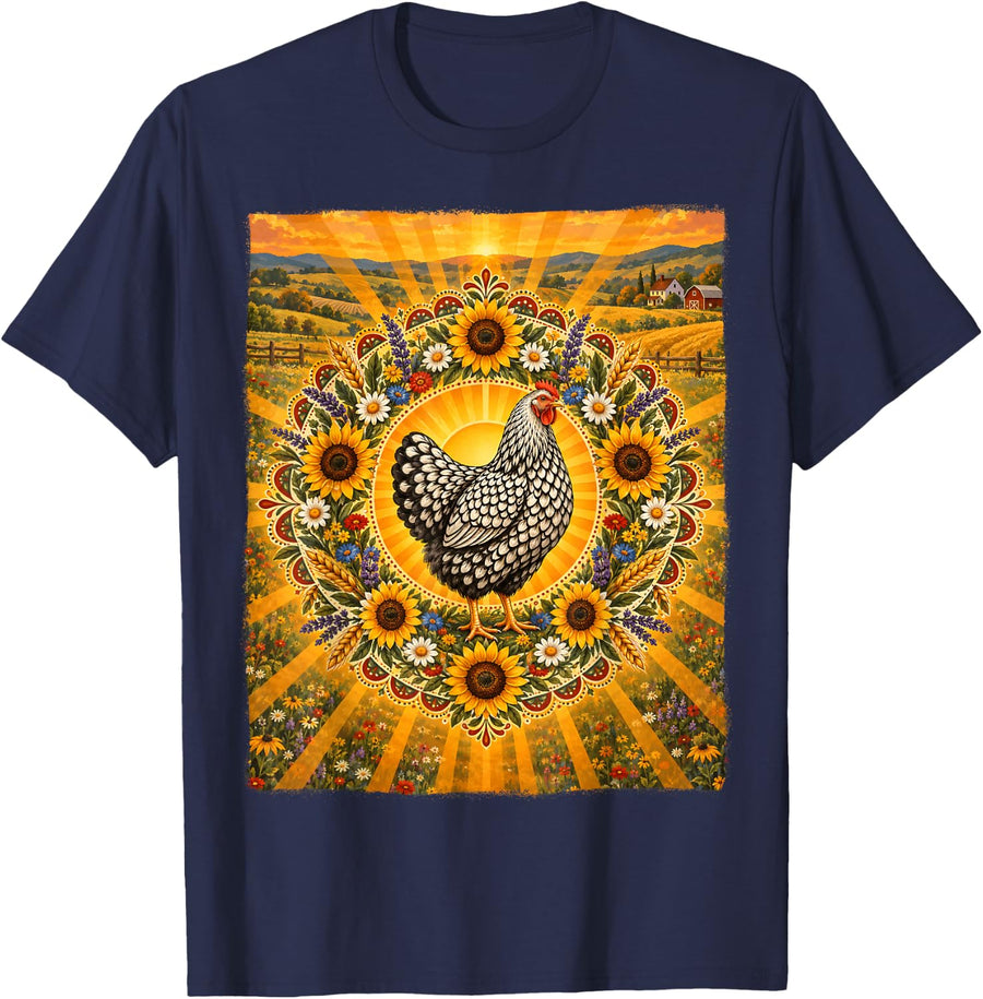 Silver Laced Wyandotte Chicken Sunflower Hen Farmhouse Decor T-Shirt - Navy Blue
