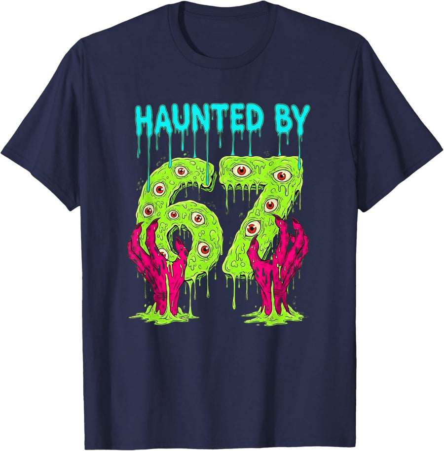 Haunted by 67 Funny Halloween Spooky Season Pumpkin Ghost 67 T-Shirt - Navy Blue