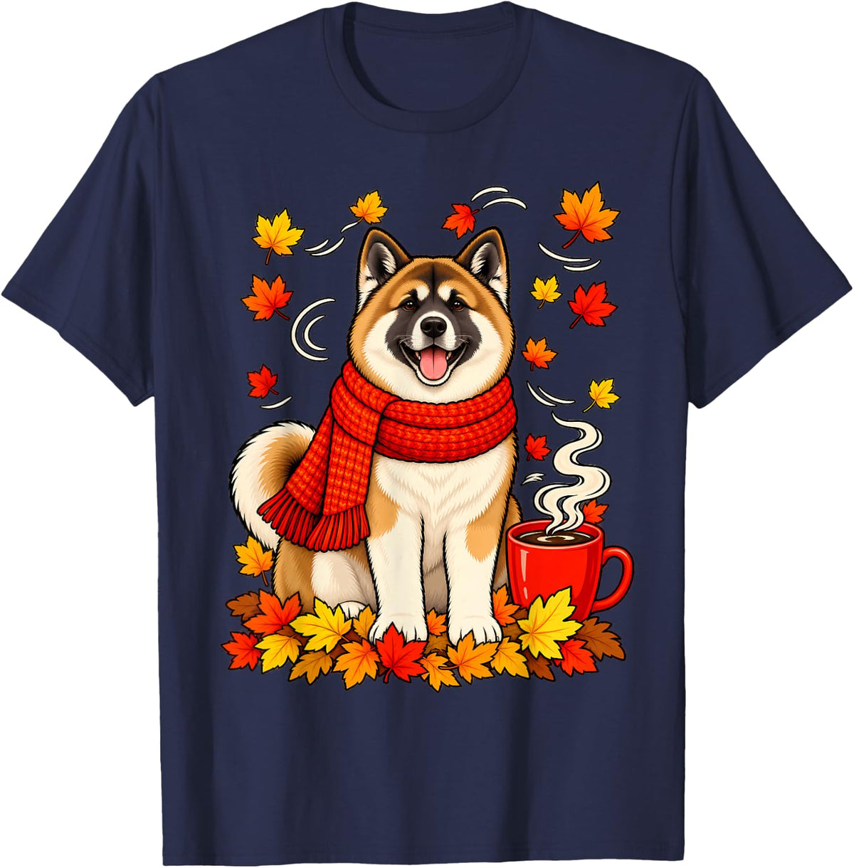 Akitas Fall Red Scarf Autumn Leaf for Dog Lover Funny T-Shirt - Navy Blue