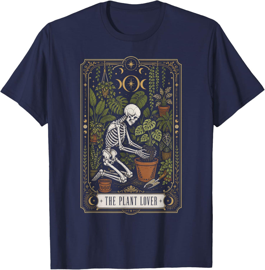The Plant Lover Tarot Card Skeleton Halloween Spooky Season T-Shirt - Navy Blue