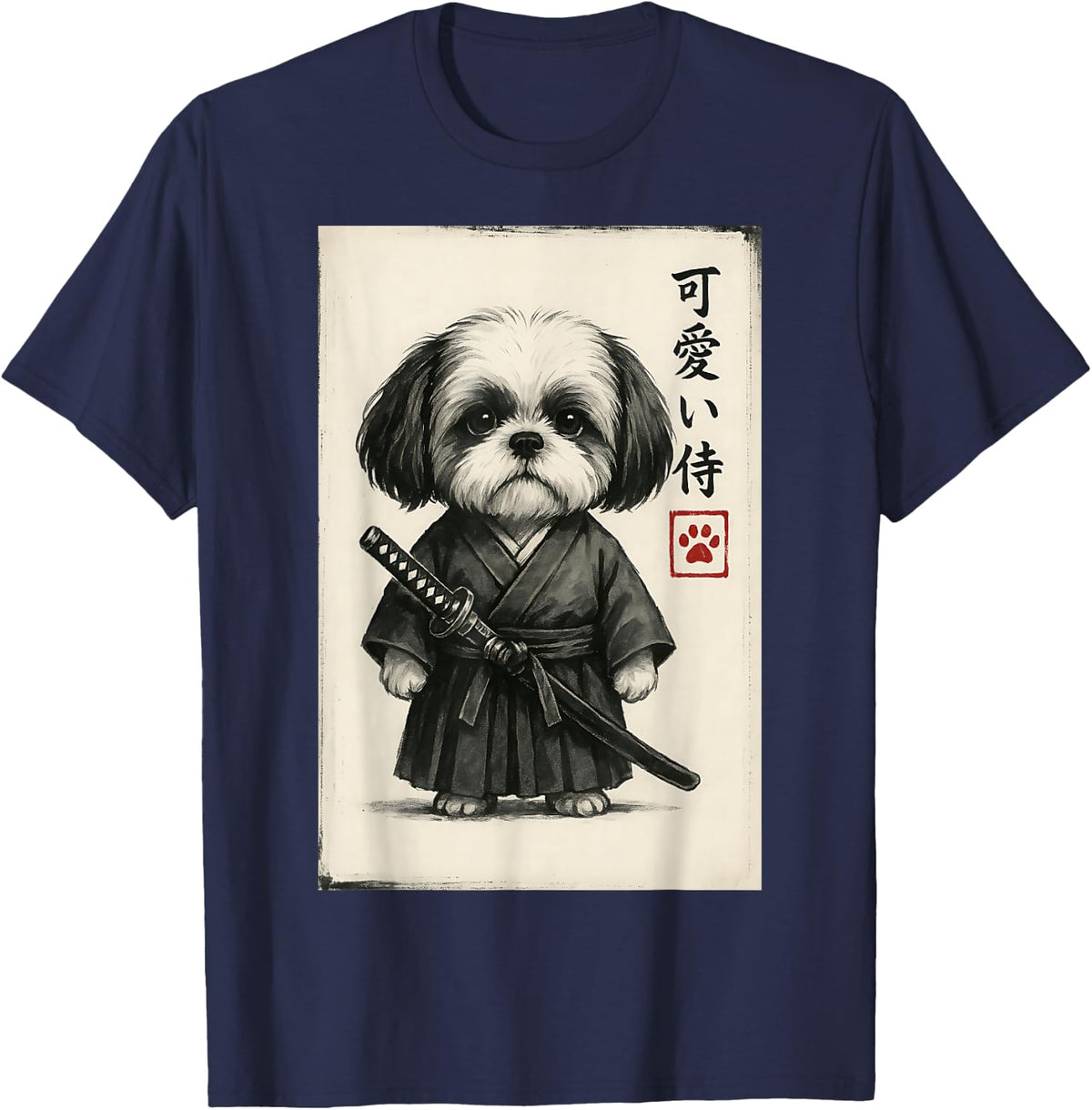 Shih Tzu Samurai Ink Art Sumi-e Style Novelty Kawaii T-Shirt - Navy Blue