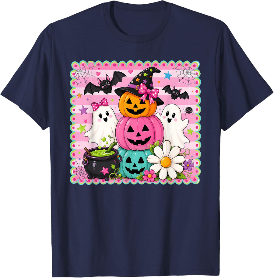 Preppy Cute Halloween Ghost Pumpkin Witch Hat Girl Women T-Shirt - Navy Blue