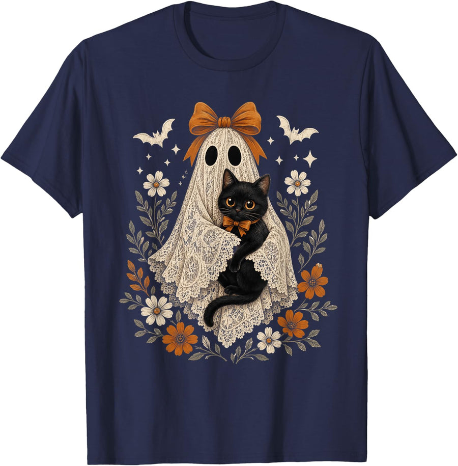 Spooky Ghost Black Cat Leopard Pumpkin Floral Halloween T-Shirt - Navy Blue