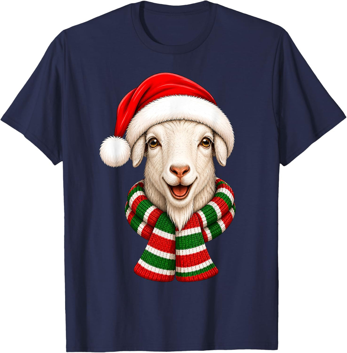 Goat Christmas Santa Hat Scarf Fun Goat Animal Lover Xmas T-Shirt - Navy Blue