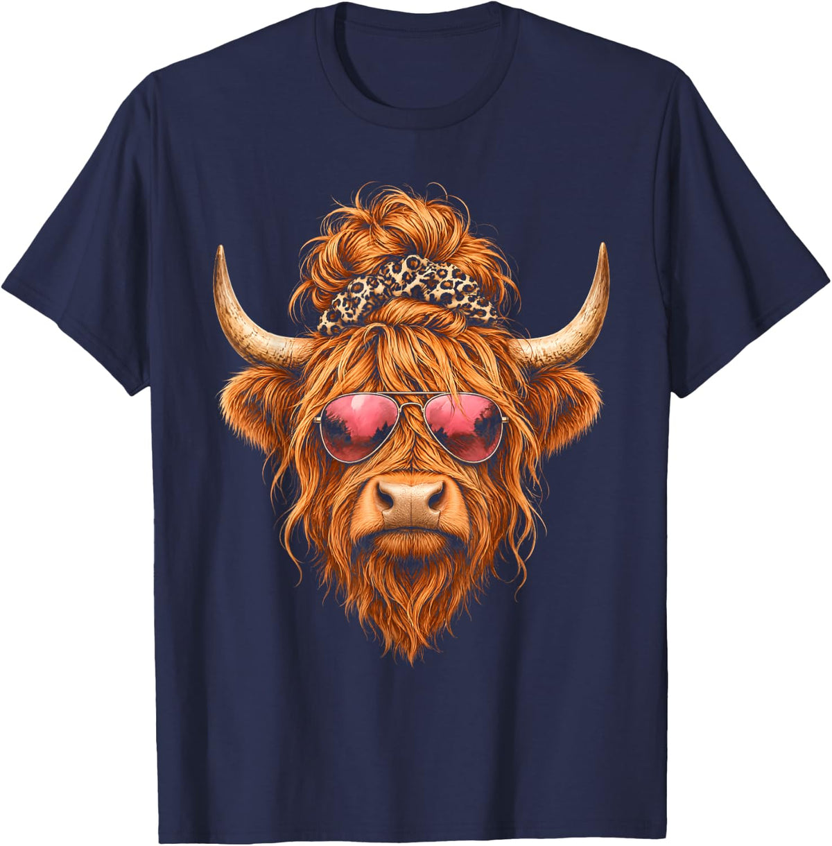 Highland Cow Messy Bun Leopard Sunglasses Mom Cute T-Shirt - Navy Blue