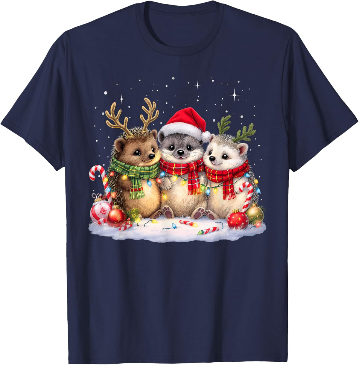 Funny Christmas T-Shirt Hedgehogs Santa Lights Cute Xmas Holiday Tees - Navy Blue