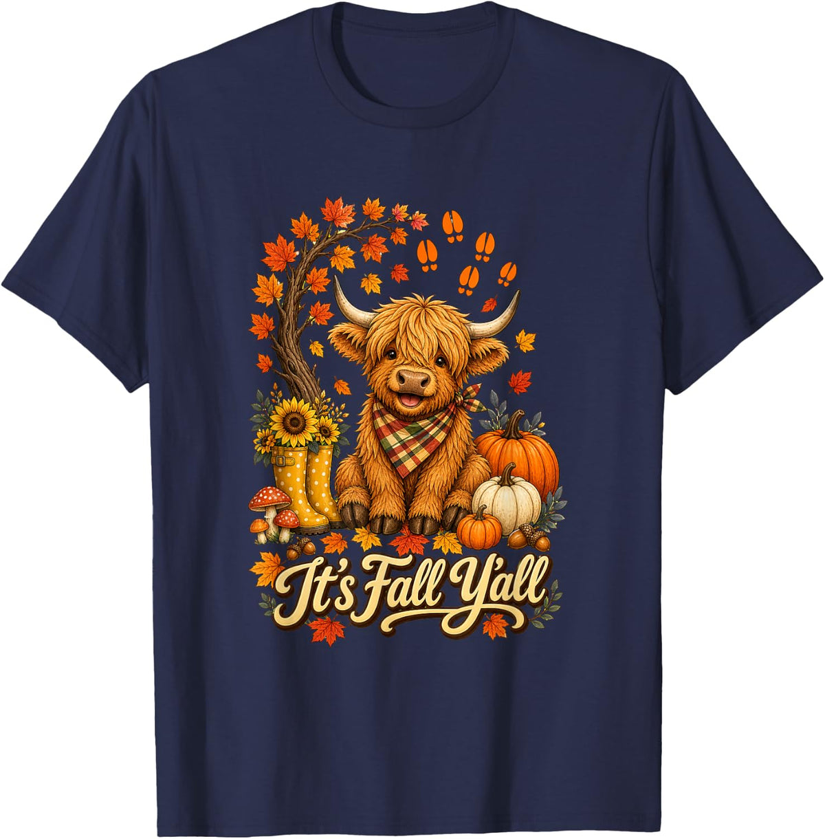 It’s Fall Y’All Cute Highland Cow Autumn Farm T-Shirt - Navy Blue