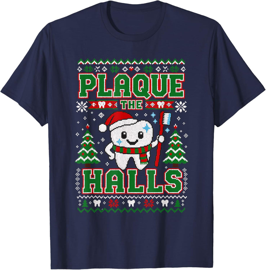 Plaque The Halls Ugly Christmas Sweater Dental Hygienist T-Shirt - Navy Blue