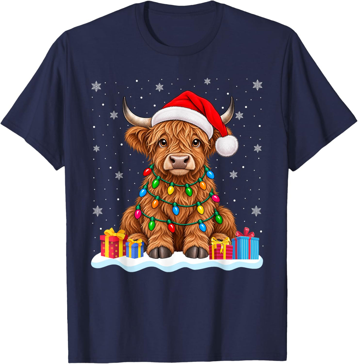 Funny Highland Cow Christmas Sweater Santa Hat Highland Cow T-Shirt - Navy Blue