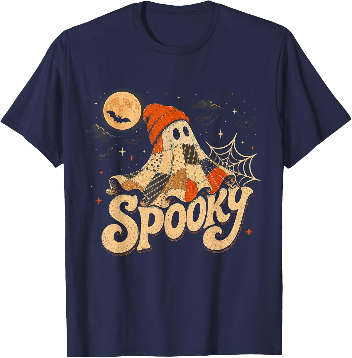 Cute Spooky Patchwork Ghost Halloween Beanie with Moon T-Shirt - Navy Blue