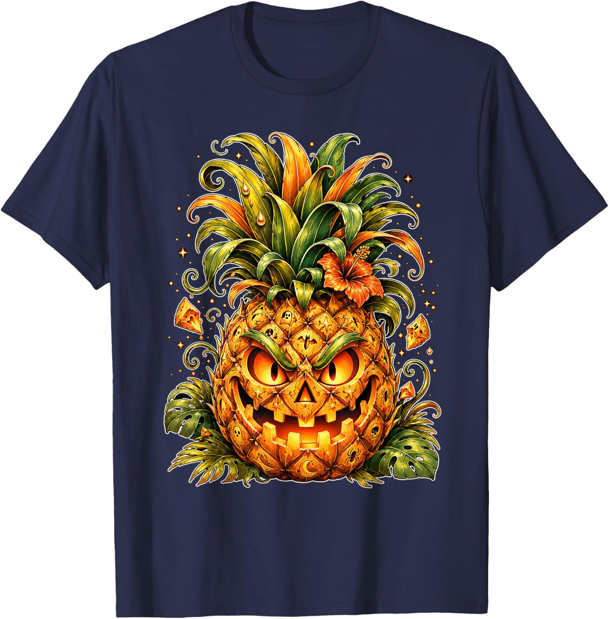 Tropical Pumpkin Spooky Halloween Pineapple Jack O Lantern T-Shirt - Navy Blue