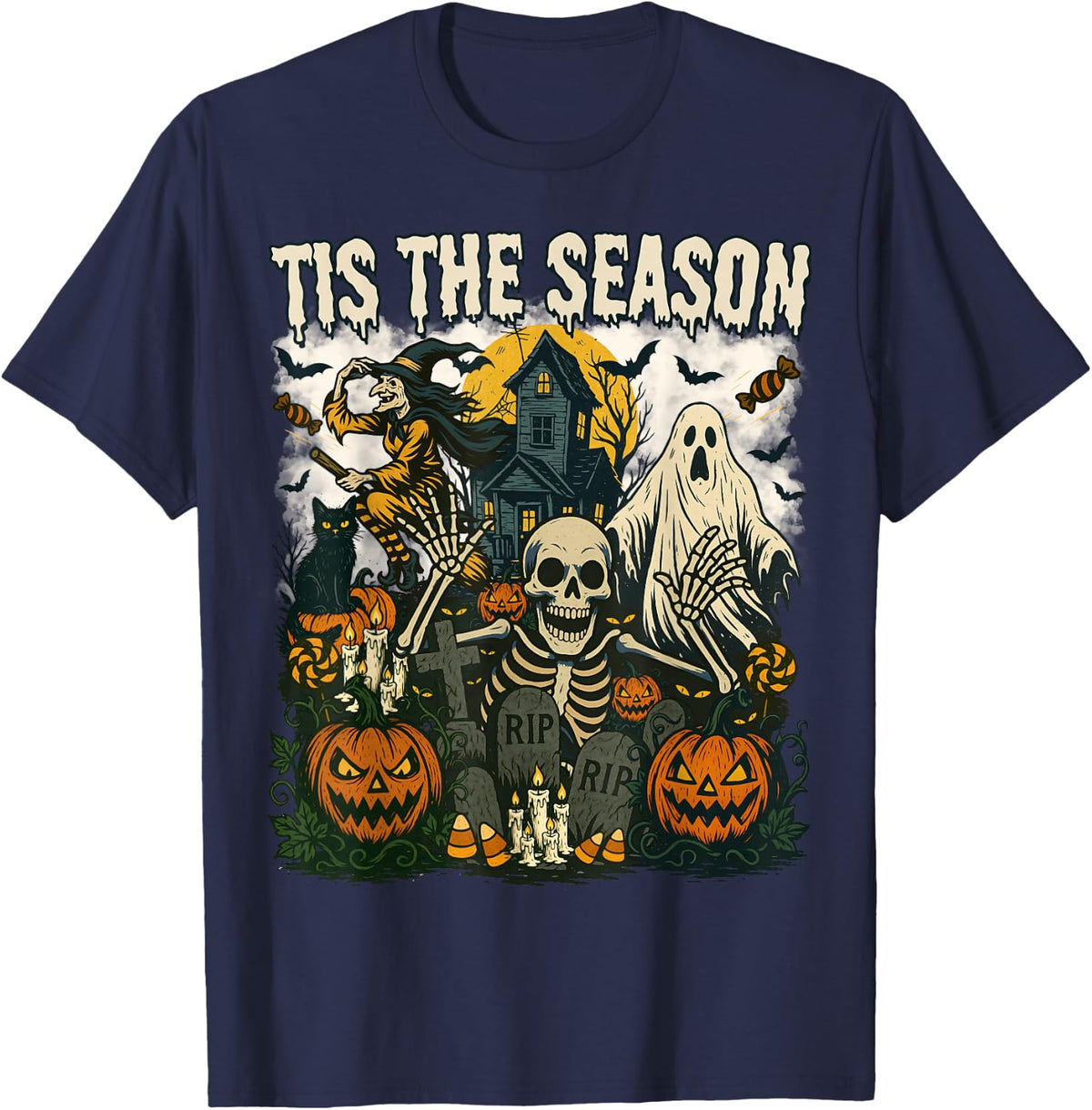 Vintage Tis the Season Halloween Skeleton Ghost Vibes Retro T-Shirt - Navy Blue